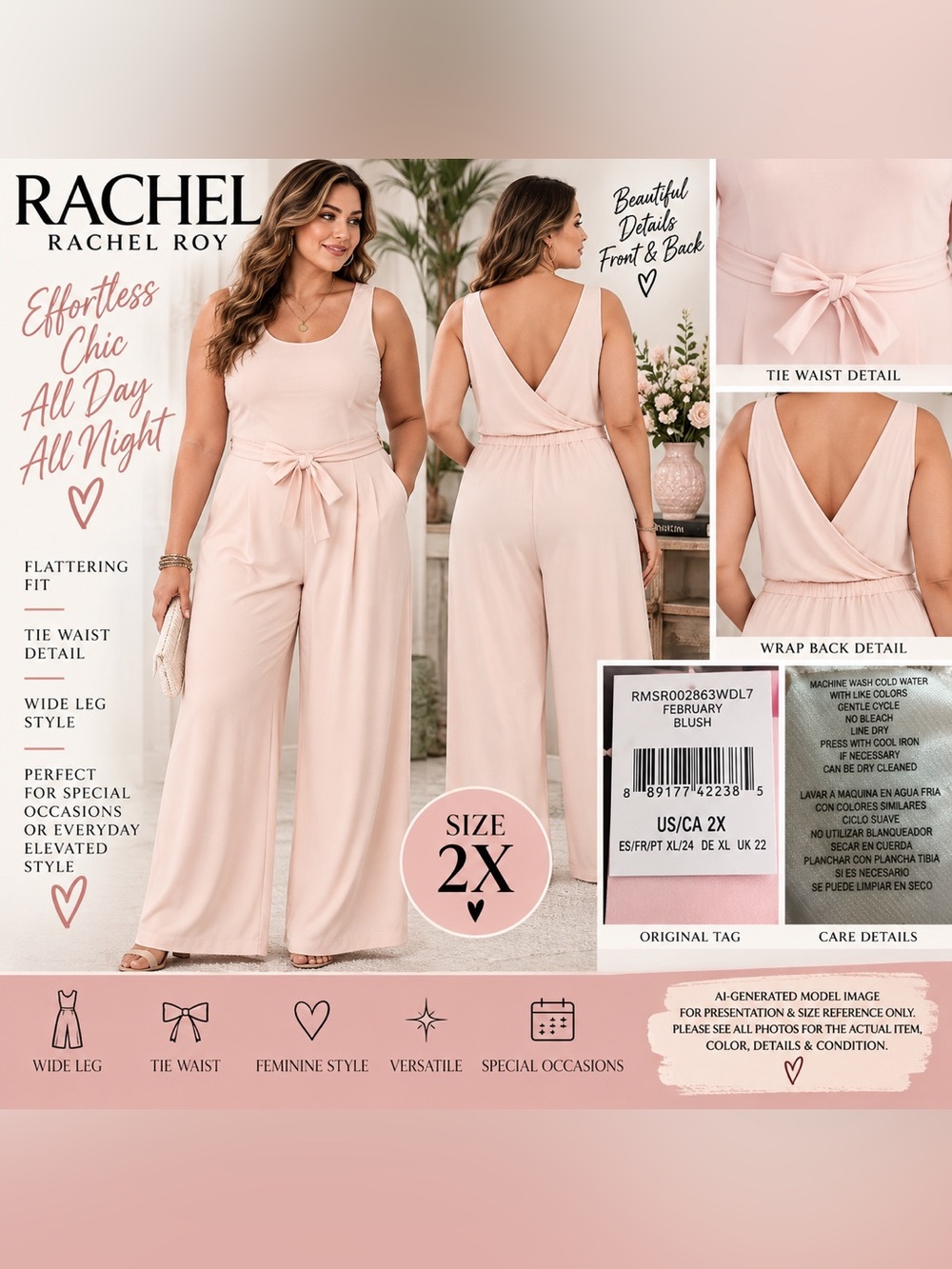 Rachel Rachel Roy February Blush Wide Leg Jumpsuit 2X
